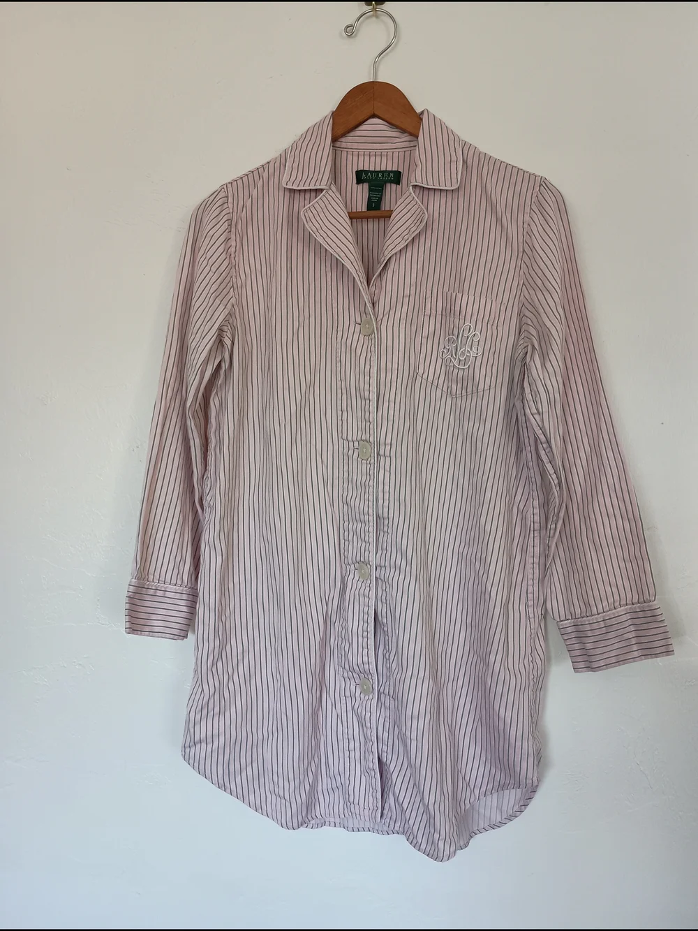 Lauren Ralph Lauren 100% Cotton Pink and White Striped Button-Down Sleep Shirt